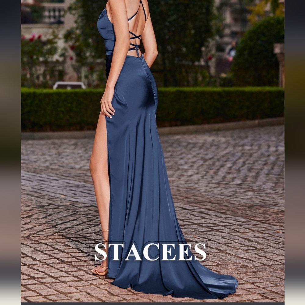 NWT Stacees navy Blue Mermaid Open Slit Square Neckline Sweep Train Satin Prom - Picture 3 of 8